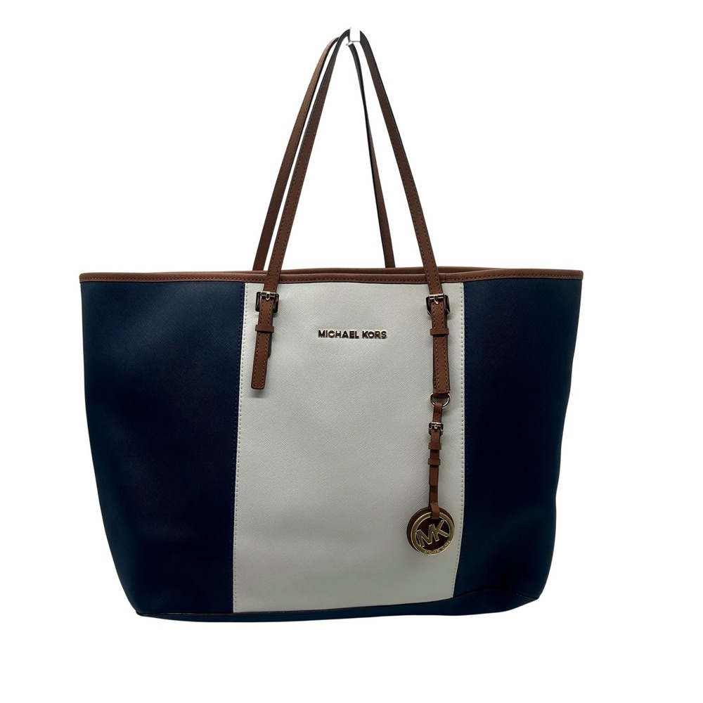 Michael Kors Jet Set Travel Tote Bag Navy White Brown‎ Saffiano Leather Gold